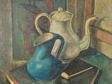 une peinture représentant une théière et un livre posés sur une table