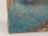 a painting of a boat in the water on the shore