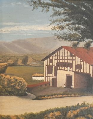 a painting of a barn in the middle of a field