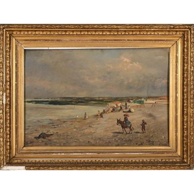 une peinture à l'huile représentant une scène de plage avec des personnes et des chevaux sur le sable