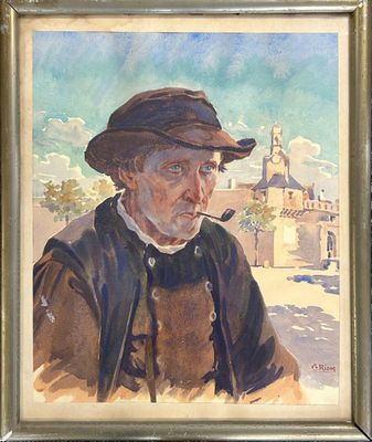 une peinture à l'huile représentant un homme coiffé d'un chapeau et tenant une pipe