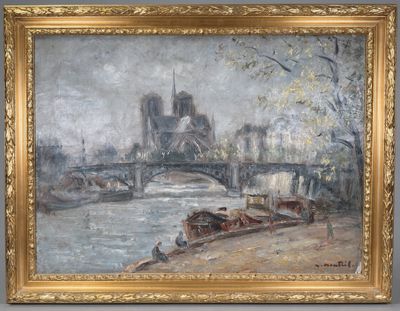 tableau représentant la vue d'un pont enjambant une rivière, sur lequel se trouvent des bateaux