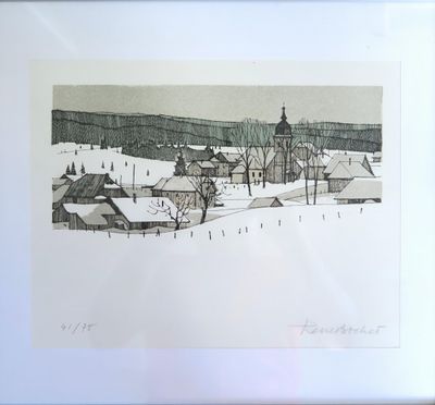dessin représentant un village sous la neige, avec une église en arrière-plan