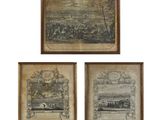 trois reproductions encadrées représentant un paysage avec une rivière et une ville