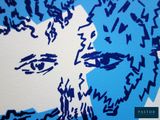 a drawing of a man with a beard on a blue and white background