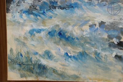 un tableau représentant un bateau dans l'eau, sur l'eau