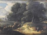 painting of a wooded landscape with figures and animals in the foreground