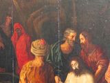 painting of a group of people standing around a man laying on the ground