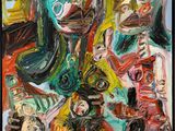 an abstract painting of a group of people in different colors