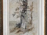 a painting of a tree in a field with a brown frame