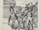 illustration of a group of men in military uniforms playing a game of drums