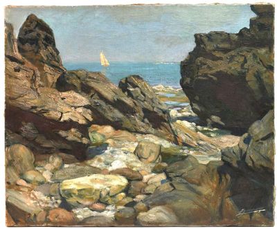 painting of a sailboat on a rocky beach near the ocean