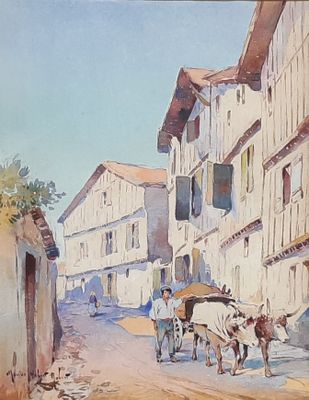 a painting of a horse and buggy on a street