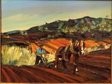 une peinture représentant un homme labourant un champ avec deux chevaux