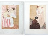 deux photos d'une femme assise sur une chaise devant un miroir