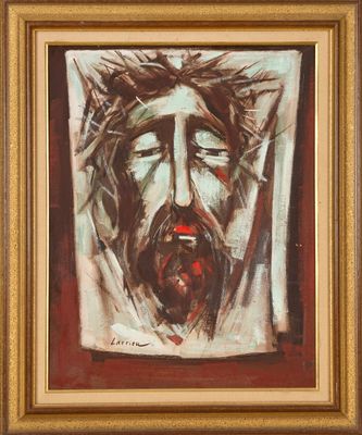 une peinture à l'huile représentant un homme portant une couronne d'épines sur la tête