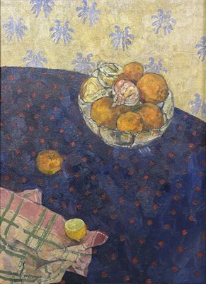 un tableau représentant un bol d'oranges posé sur une table