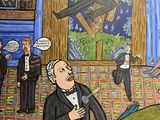 a painting of a man in a tuxedo standing in front of a crowd of people