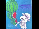 painting of a boy holding a watermelon and a watermelon