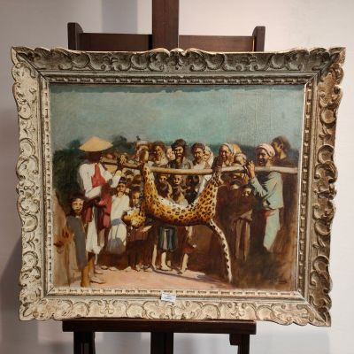 une photo d'un tableau représentant un groupe de personnes avec une girafe