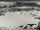 drawing of a black and white picture of a town with crows flying over it