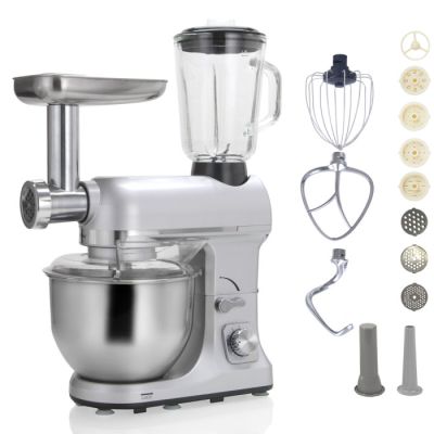 a silver mixer with a blender and other attachments
