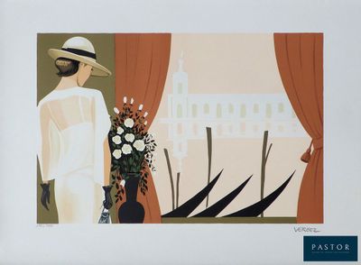 un tableau représentant une femme debout devant une fenêtre, avec un vase de fleurs