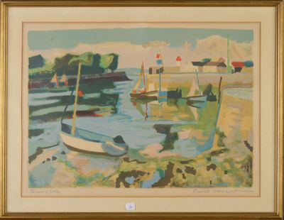 an oil painting of boats on the water near a shore