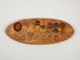 a wooden plaque with a group of people painted on it