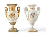 two vases sitting side by side on a white surface