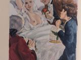 an image of a painting of a woman in a wedding dress and a man in a tuxedo holding a birdcage