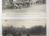 two old black and white photos of horses and dogs in a field