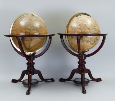 pair of antique globes on tripod stands on a grey background