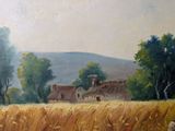 a painting of a farm in the middle of a field