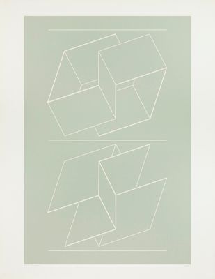 a white drawing of two intersecting shapes on a green background