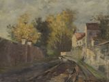 painting of a painting of a train track with a building in the background