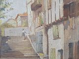 a painting of a man walking down a street