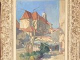 an image of a painting of a building with a tree in front of it