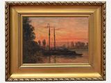 une peinture à l'huile représentant un voilier sur l'eau au coucher du soleil