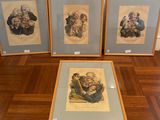 three framed pictures of old people sitting on a couch in front of a wall