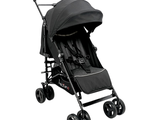 the stroller is black and has black wheels and a black canopy