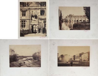 four old black and white photographs of buildings and a river