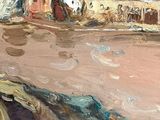 an image of a painting of a beach scene with a boat in the water