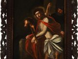 a painting of jesus on the cross with a woman holding a staff