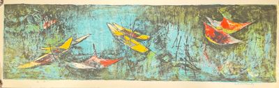 peinture d'un groupe de bateaux flottant sur un plan d'eau