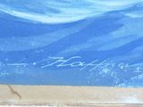 a picture of a painting of a surfer on the beach