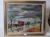a painting of a horse drawn carriage on the road