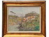 an oil painting of a house on a hill with a river in the foreground