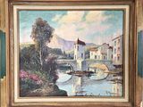 une peinture à l'huile représentant un pont sur une rivière avec des bâtiments à l'arrière-plan