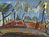 an image of a painting of a bridge with trees in the background